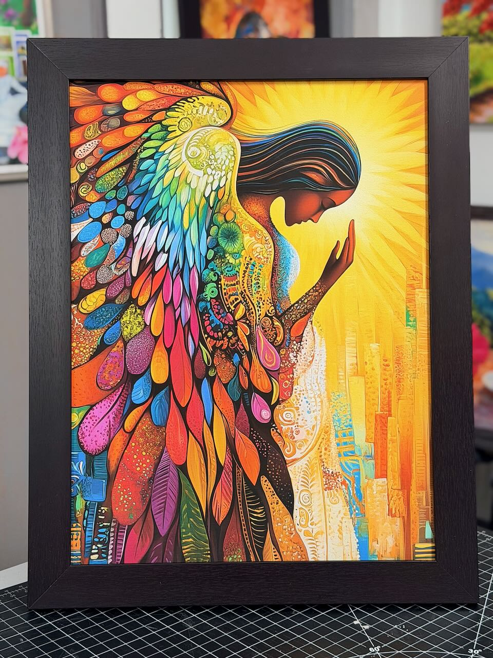 G-1025 Angel Negro Abstracto II - Tamaño 22"x28" con enmarcado profesional color wengue