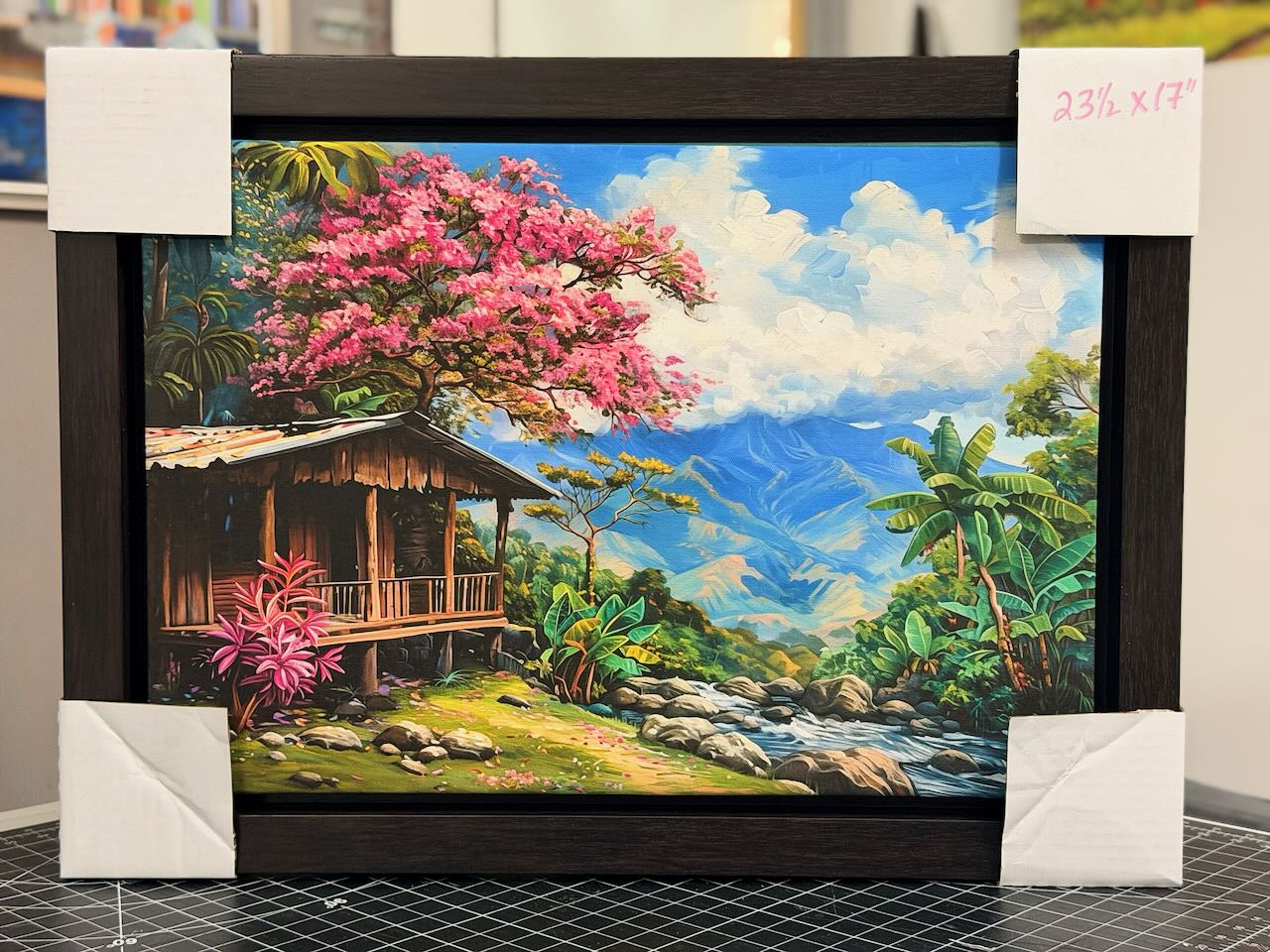 PR-089 - Casita y Roble Rosado en el Rio IV - canvas Enmarcado profesional en marco flotante 23x17"