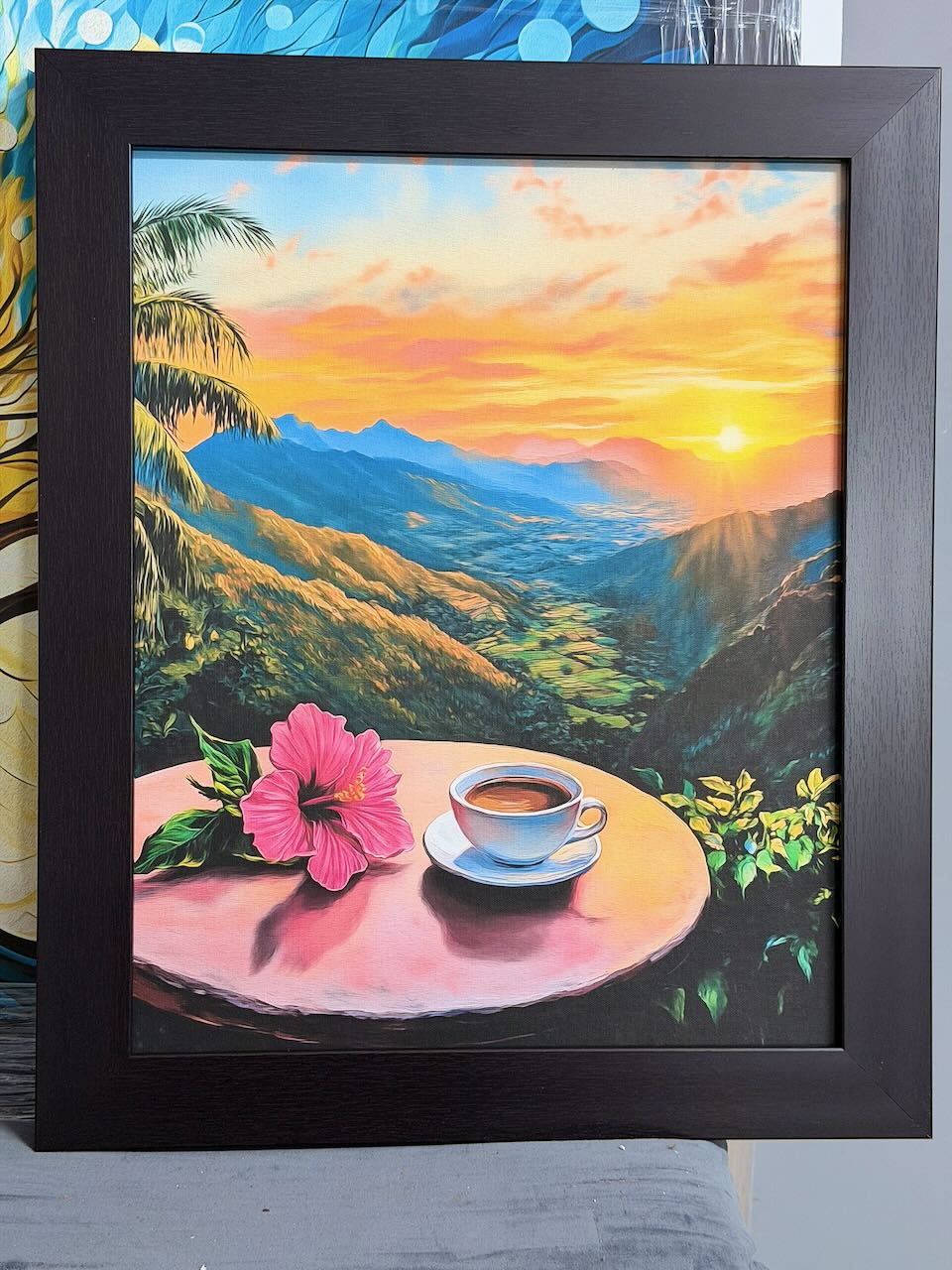 PR-1026 Taza De Café Con Amapola En La Montaña Al Amanecer - Enmarcado profesional color wengue - 24x20"