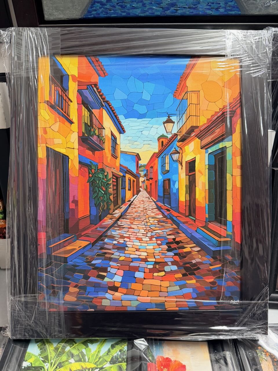PR-321 Coloridas Calles De Viejo San Juan V2 – Tamaño 20x24" con enmarcado profesional color wengue (Vertical)