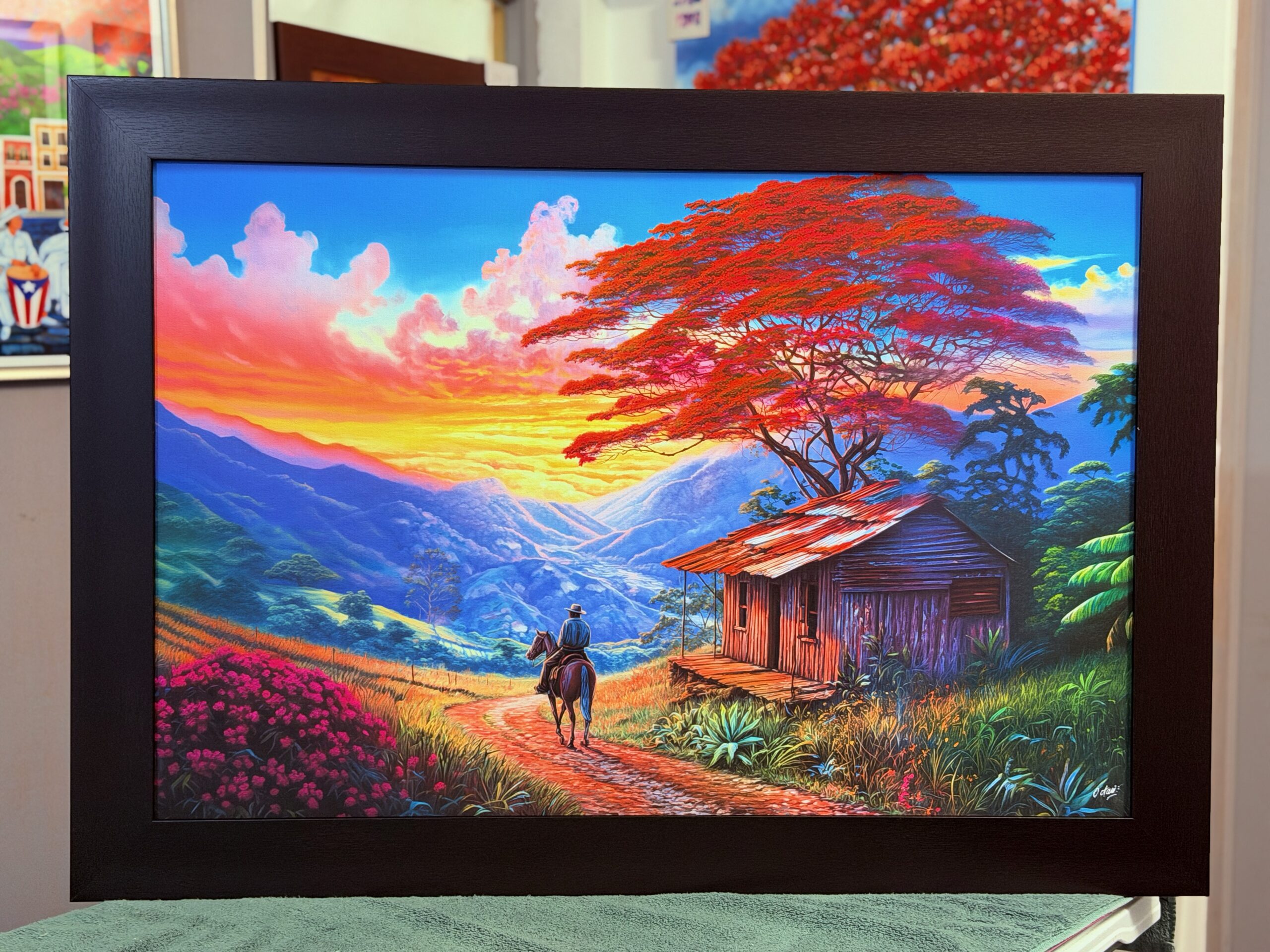 PR-1036 A Caballo Voy En El Campo De Puerto Rico – Enmarcado profesional sin cristal wengue 40"x29"