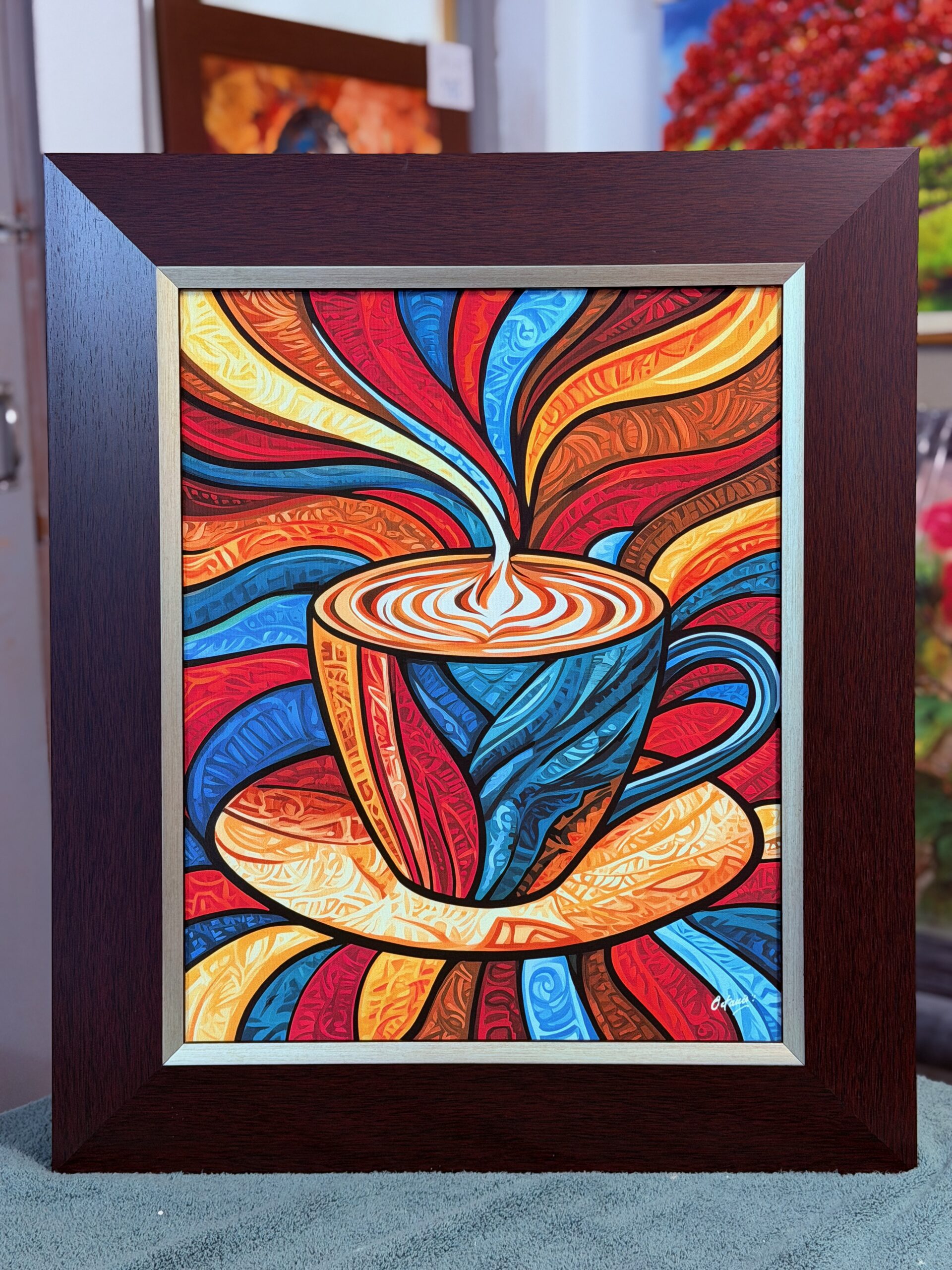 Latte que latte - Canvas expuesto enmarcado con Montura wengue con borde dorado 23"x27"
