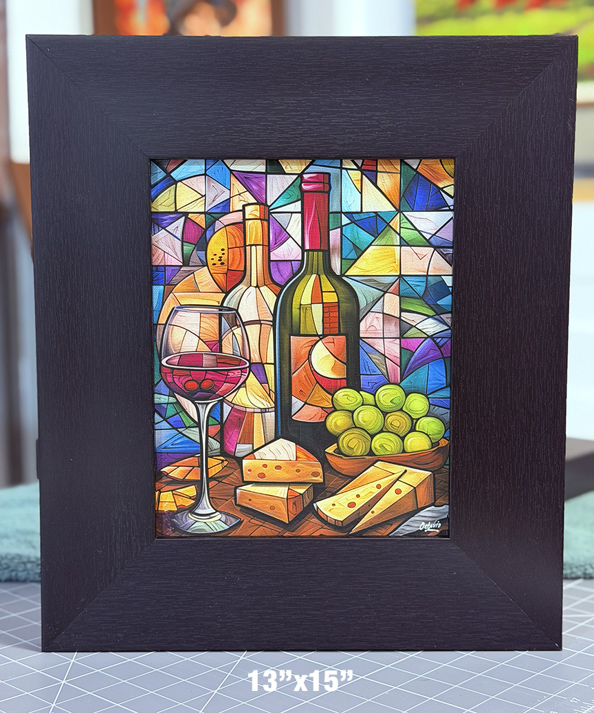 PR-300 Bodegón de Vinos, Uvas y Queso con efecto de Vitrales I - Enmarcado Wengue 3" 13x17"