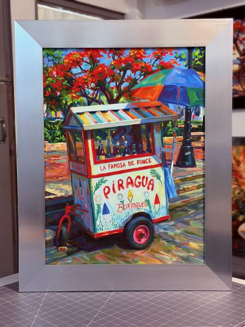 PR-103 Carrito de Piragüas La Famosa de Ponce - Canvas expuesto enmarcado con Montura silver 23"x29"